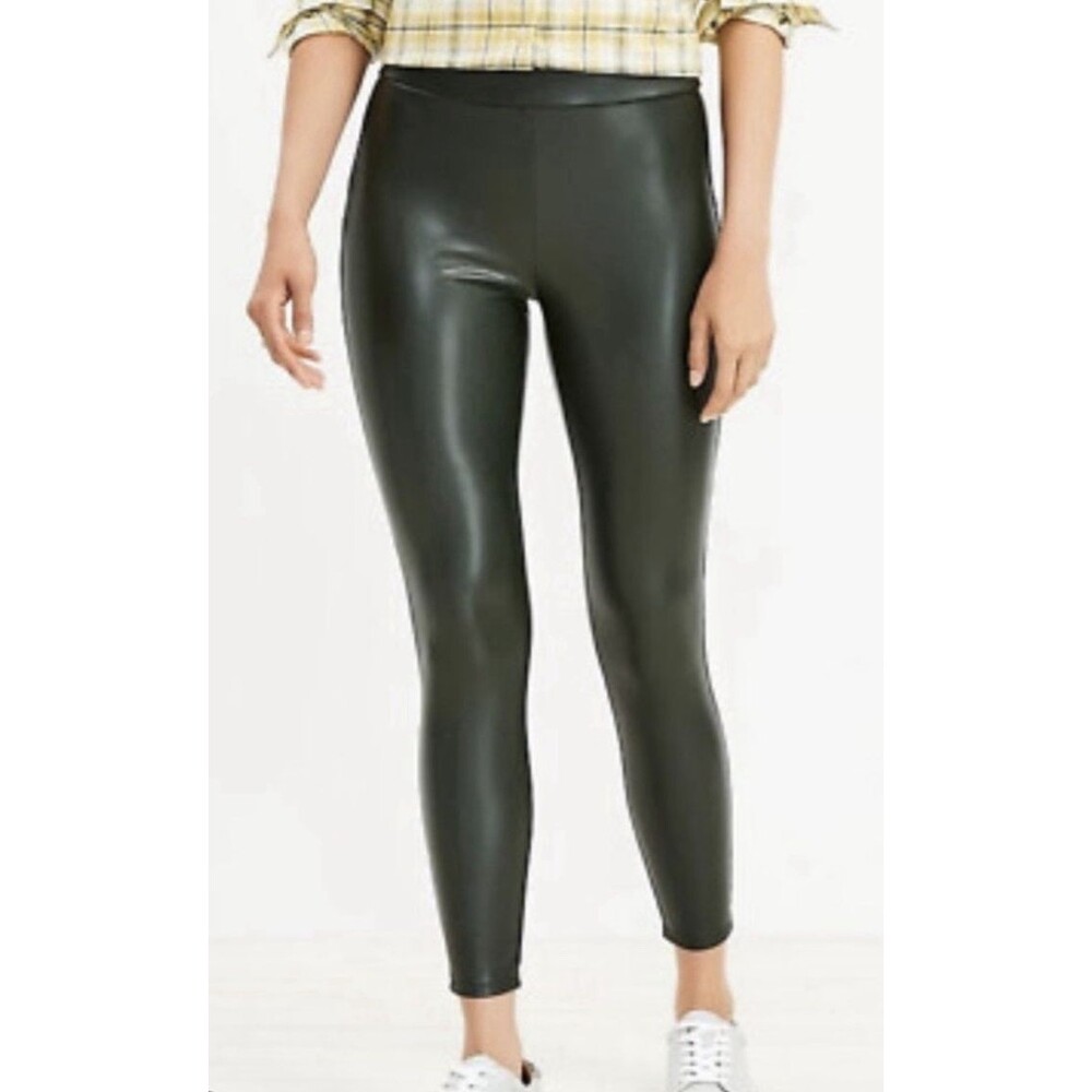 Loft Faux Leather Pants Dark Green Leggings Medium Stretch Seam Straight Leg